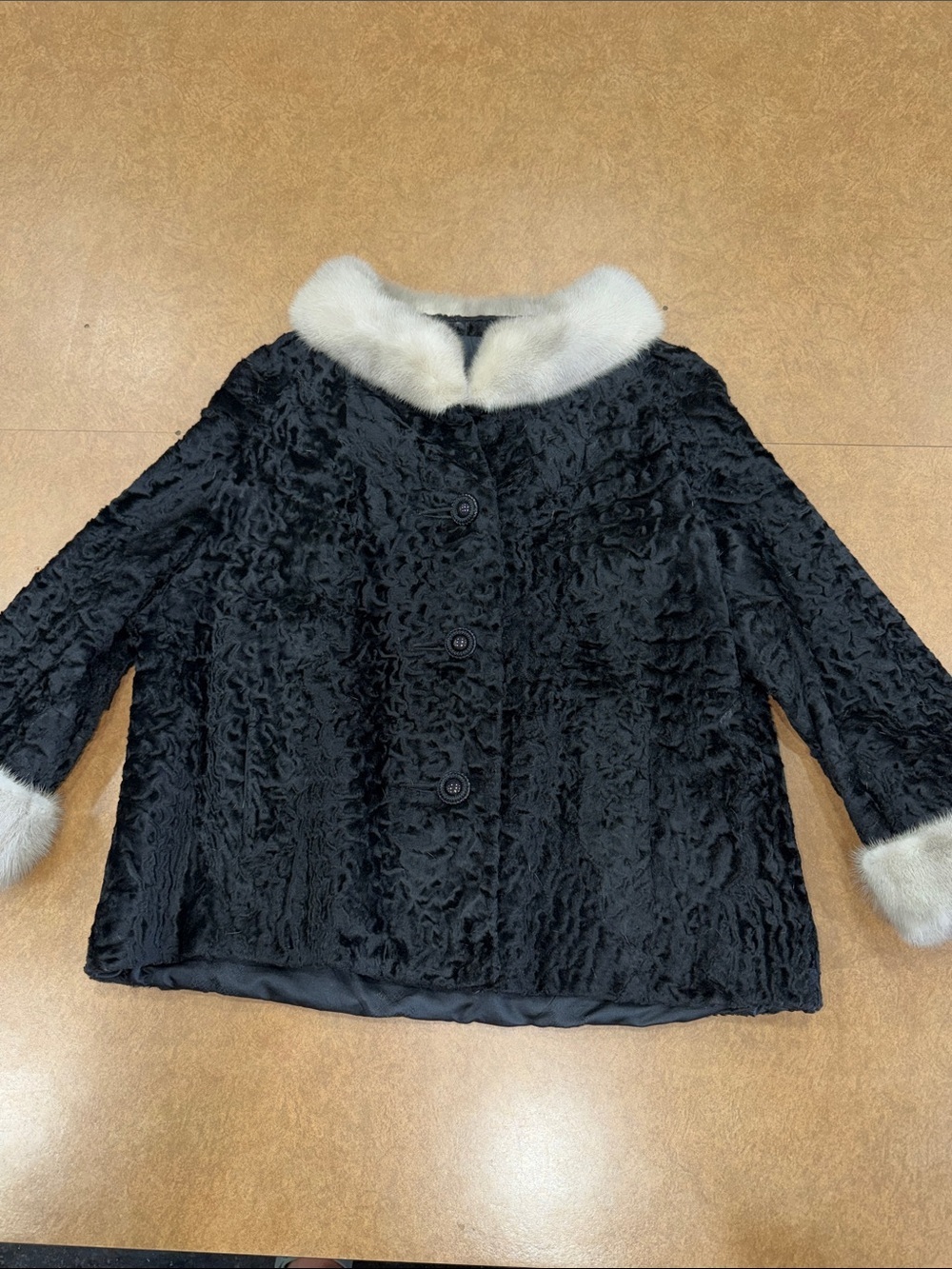Feldman Furrier Persian Lamb Black Wool Jacket with Grey/White Fur Trim *No Size